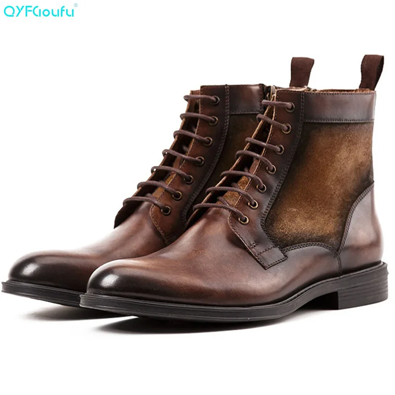 

Ankle Boots Men Genuine Leather Front Men Shoes Vintage Brogues Splice Winter Shoes Men High Top Lace-up Chelsea Boots