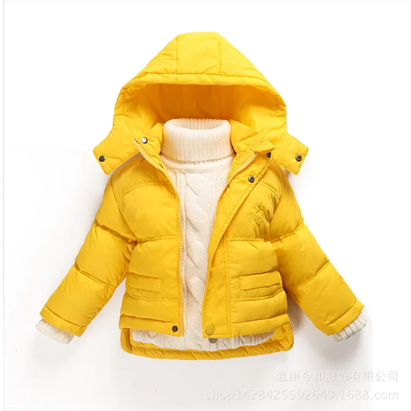 Детский пуховик для мальчиков и девочек; короткий пуховик утолщенный; зимняя верхняя одежда со съемным капюшоном для детей 1-6 лет - Цвет: Цвет: желтый