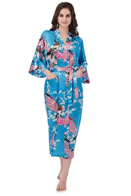 Женское кимоно, длинный халат с павлином и цветами, длинное кимоно, халат с карманом, сексуальный халат для свадьбы, невесты, подружек невесты, большой размер D130-01 - Цвет: lakeblue