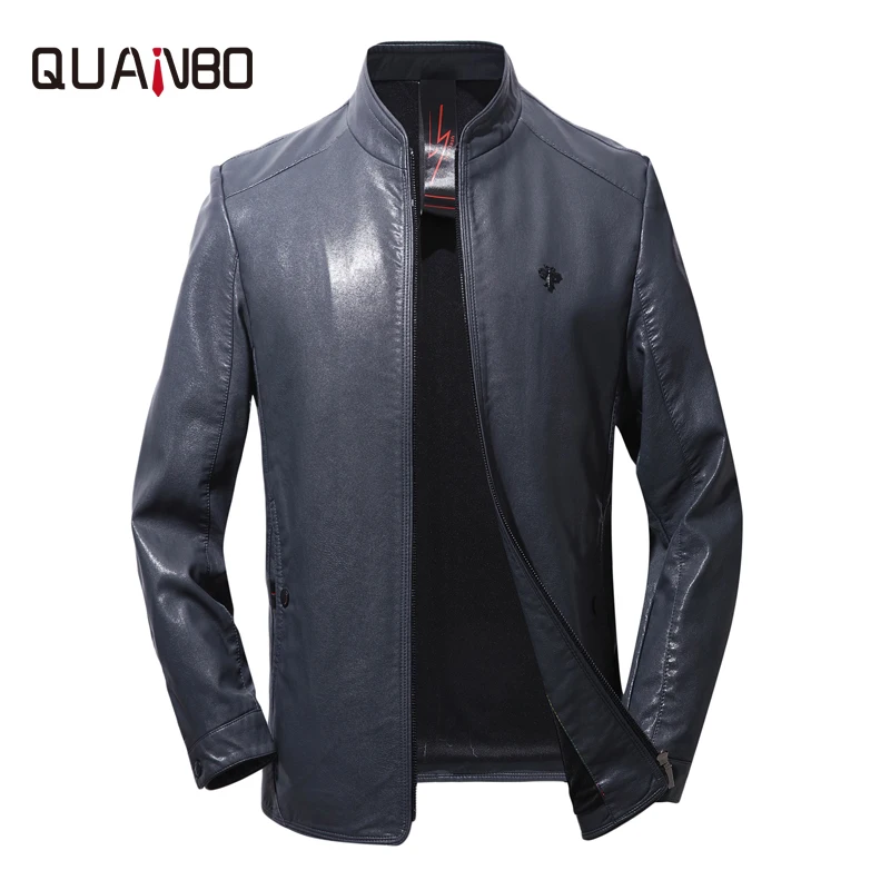 

QUANBO Mens Short Leather Jacket 2019 New High imitation Sheep Skin Slim Fit Handsome Stand Collar Thin Men Fur Coat PU Jackets