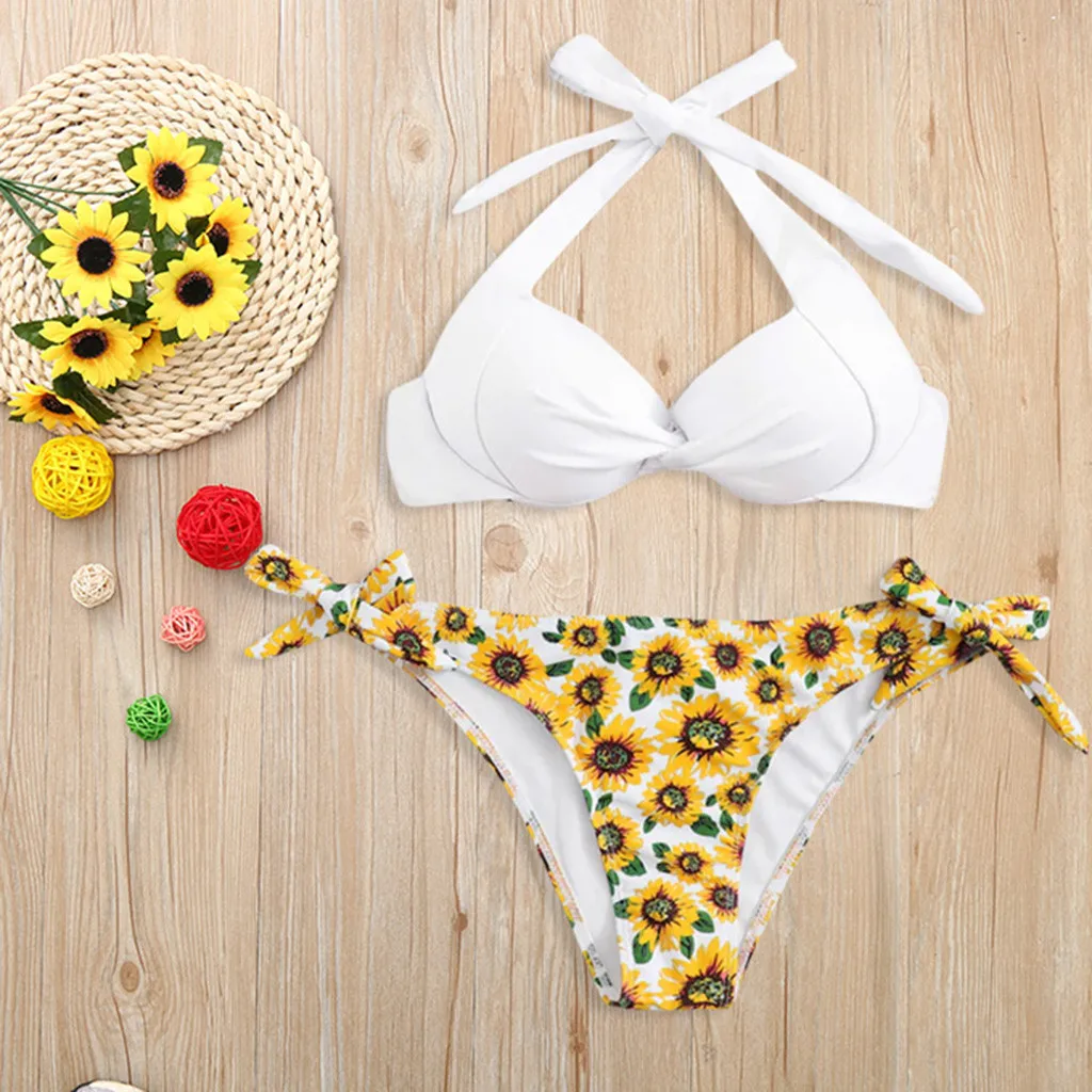 

Bikinis Sexy Sexy Women Bikini Set Sunflower Print Padded Swimwear Bathing Swimsuit Beachwear Female Brazilian Bikini Plus Size