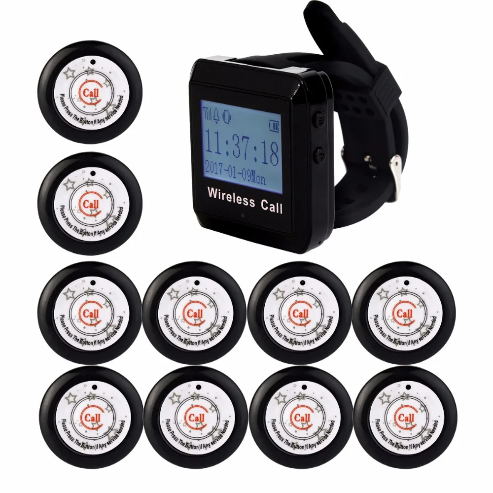 

10pcs Transmitter Call Button+1pcs Watch Receiver 433MHz Restaurant Pager Wireless Calling System Restaurant Equipment F3291E