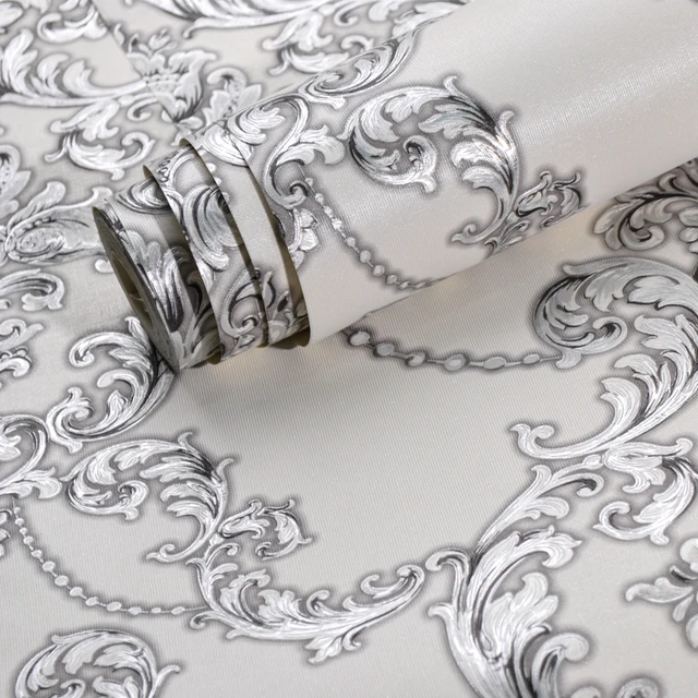 Silver White Luxury Damask Embossed Texture Vinyl Wallpaper Roll