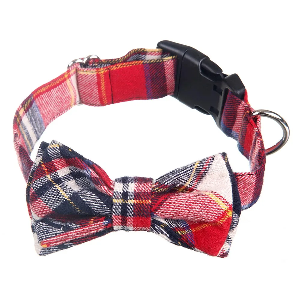 Red Plaid Dog Collar Christmas Holiday Collar with Bow Tie Jacquard