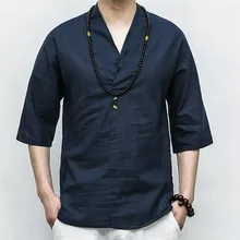 Мужская рубашка, новая мода, популярная Летняя Повседневная Мужская льняная рубашка в стиле пэчворк с рукавом семь минут, одноцветная Свободная рубашка с v-образным вырезом, 40