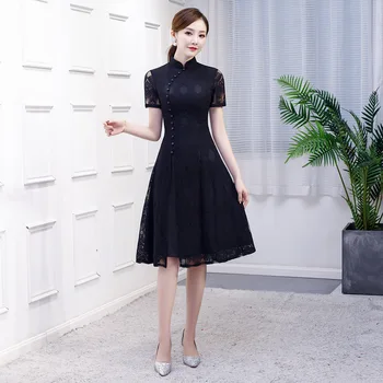 

Embroidery Vintage Ladies Lace Chinese Traditional Short Qipao Slim Classic Mandarin Collar Stage Show Elegant Female Cheongsam