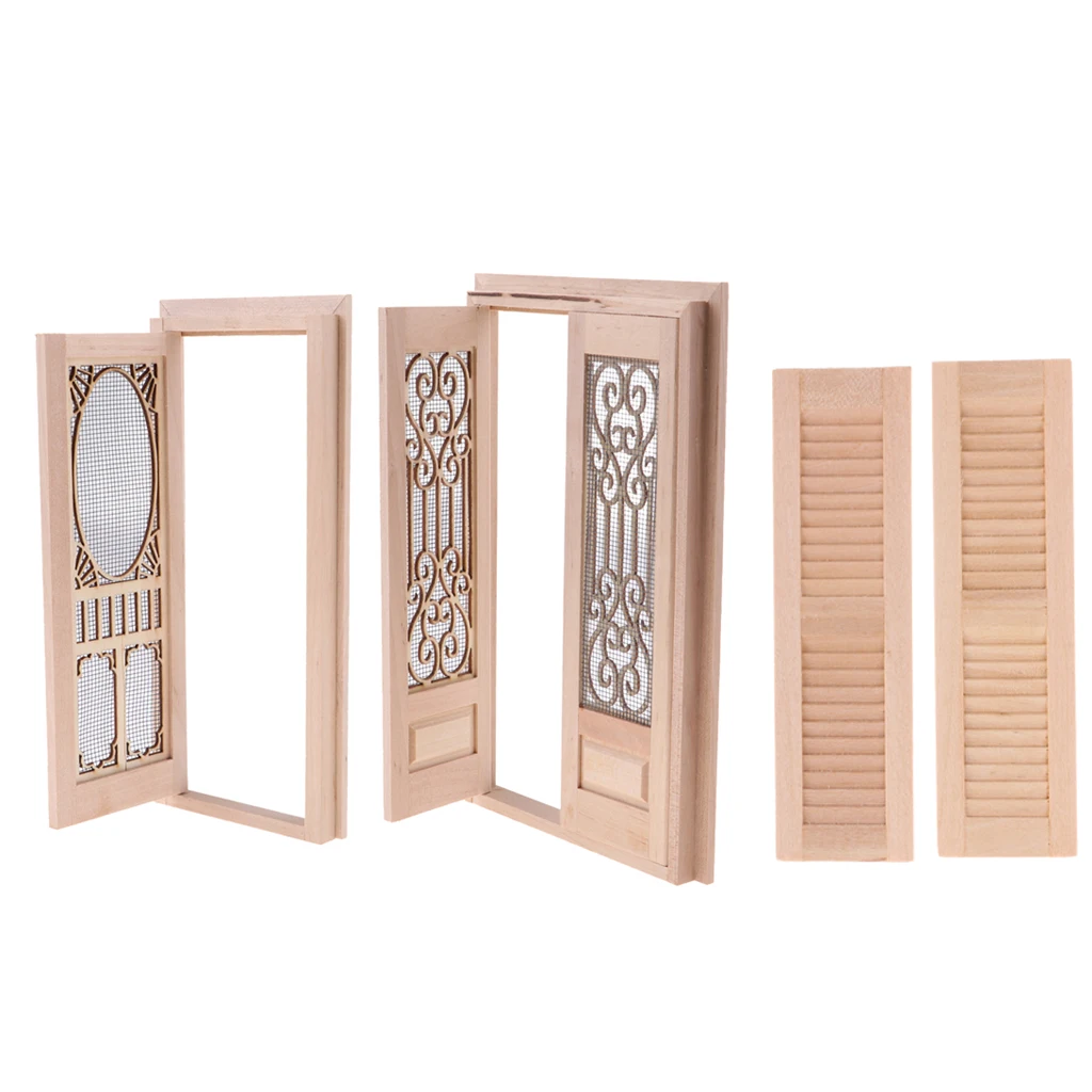 Wood Miniature External Hollow Screen Double Door + Single Door + Shutters 1/12 Dollhouse DIY Decoration Accessories