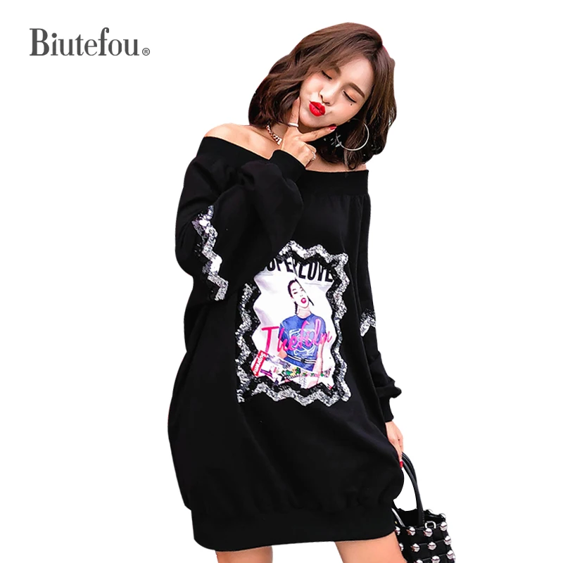 2018 Autumn slash neck long sleeve dresses sequined patch