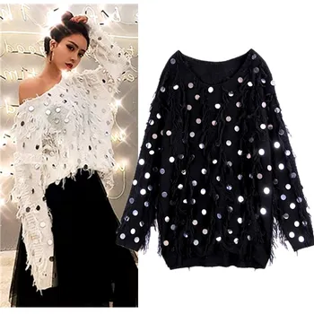 

Korean Style Women Knited Pullover Women Spring Autumn Women Fashion O Neck Full Sleeve Sequins Tassels Loose Knitwear SL376