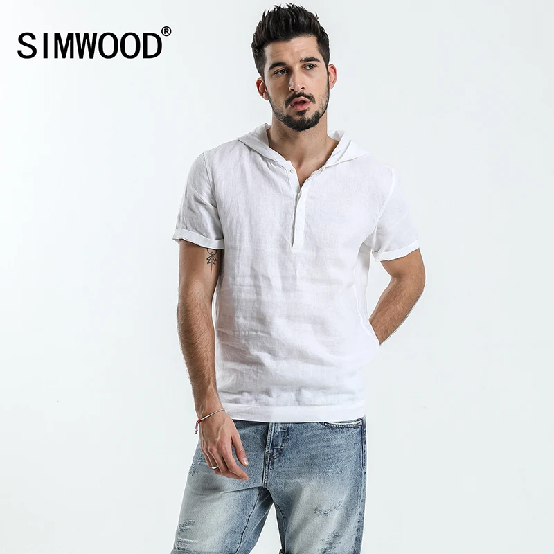 Simwood 2019 новые летние рубашки с коротким рукавом мужские 100% льняные белые