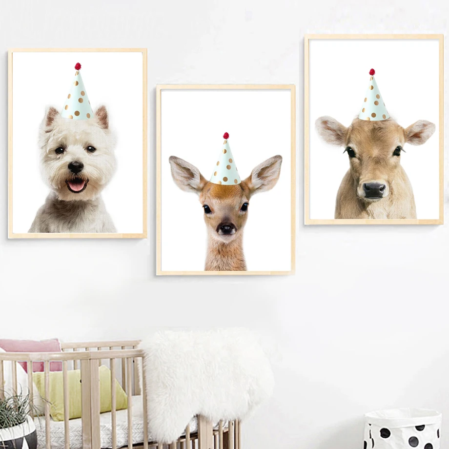 

Deer Dog Cattle Birthday Hat Wall Art Canvas Painting Nordic Posters And Prints Nursery Animal Wall Pictures For Kids Room Decor