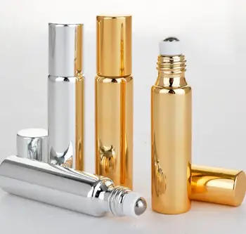 

200pcs Fast Shipping 10ML Metal Roller Refillable Bottle For Essential Oils UV Roll-on Glass Bottles gold & silver colors SY89