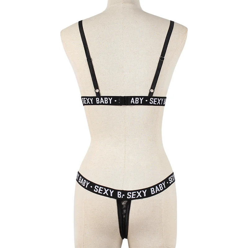 Эротический комплект нижнего белья, Bralette G-string, эластичный комплект из тонкой ткани с цветочным кружевом, бюстгальтер с буквенным принтом и глубоким v-образным вырезом, нижнее белье, бюстгальтер и трусики