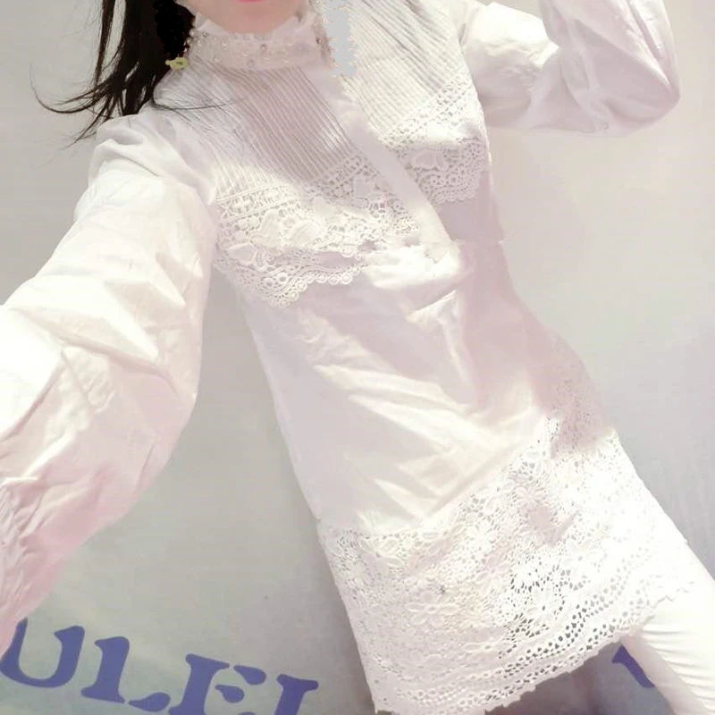 

2019 summer new lace women blouse and shirts 100% cotton patchwork long lady white shirts outwear coat tops