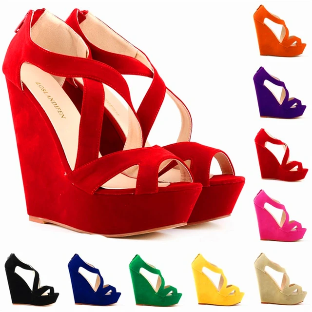 Women's Red Wedge Heeled Shoes Solid Color Buckle Strap - Temu