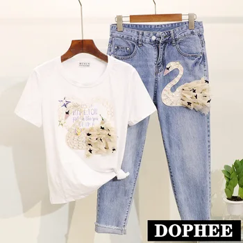 

2019 Summer New Sequins Swan Printing T-shirt + Burrowing Jeans Sets Woen's Denim Pants Two Piece for Students Girls