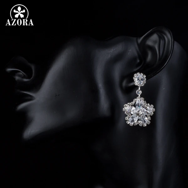 AZORA Elegant 5 Petals Flower Clear AAA Cubic Zirconia Drop Earrings for Women TE0126