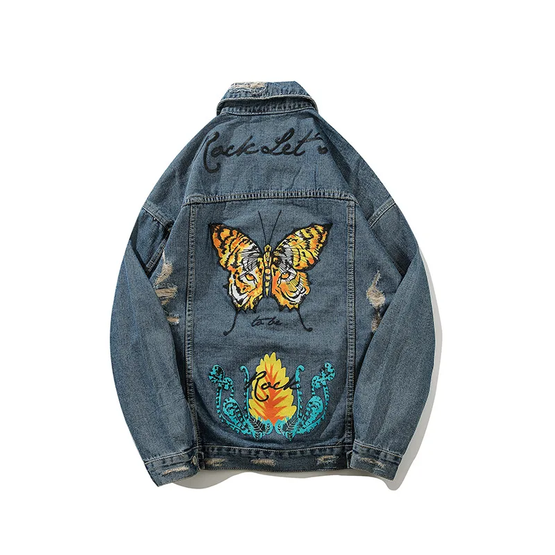 2018 New Street Fashion Men's Tiger Butterfly Print Denim