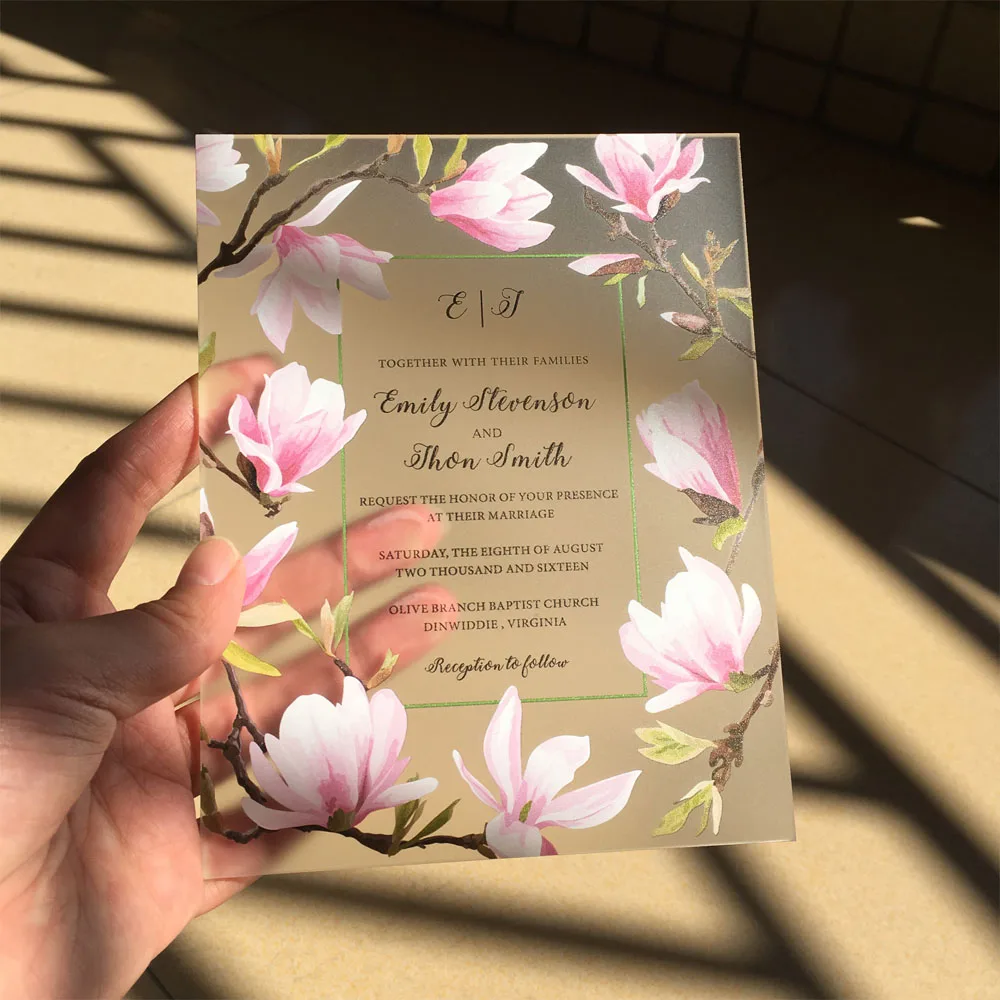  Customized Beautiful Peach Blossom Water Color Style 128*165mm Frosted Acrylic Wedding Invitation C - 32848153497