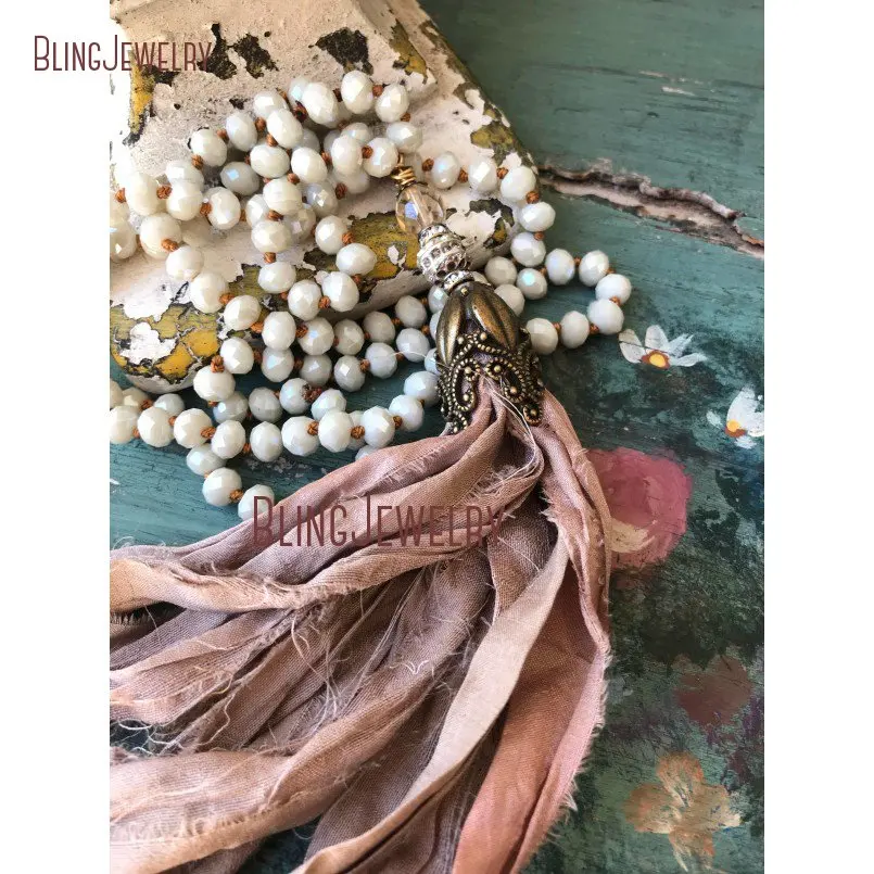 

Romantic Shabby Sari Silk Tassel Necklace Jewelry Unique Accessory Holiday Gift Idea Fun Necklace Boho Glam NM15556