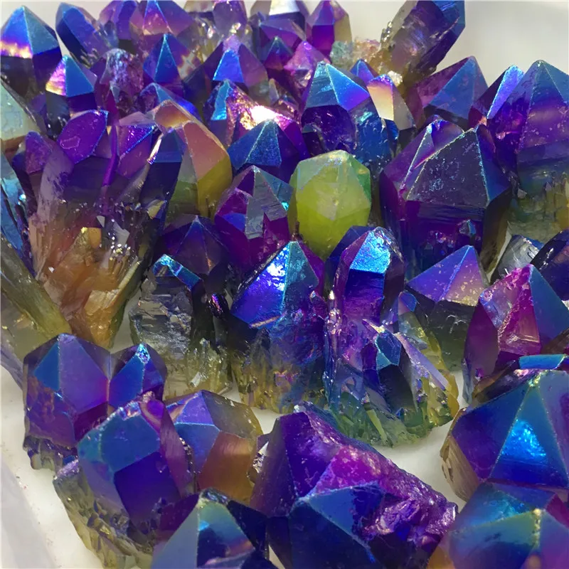Красивый Красочный Фиолетовый Желтый Синий кварцевый кристалл Aura титановый