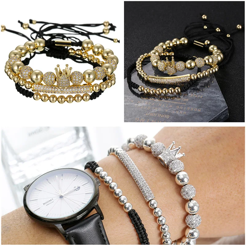 

New 3pcs/set Luxury Hip Hop Gold Color Women Men Cubic Micro Pave CZ Crown Tube Charm Braiding Bracelet Bangle Sets Pulseira