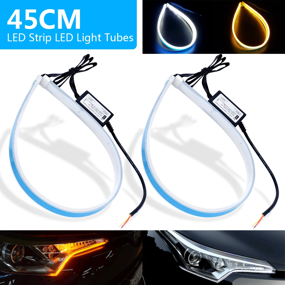 

2Pcs 45cm Sequential Flowing Angel Eyes DRL Flexible LED Tube Strip White Daytime Running Light Turn Signal Car Styling New