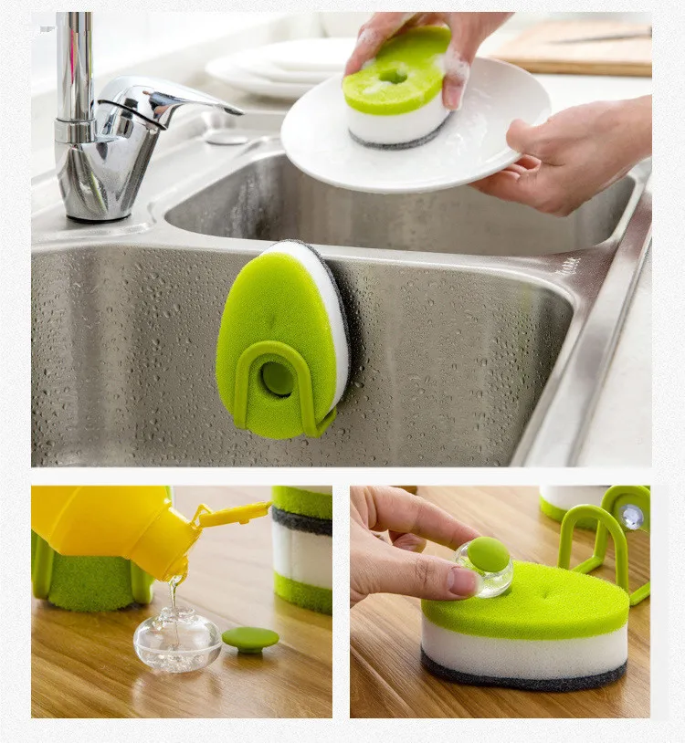 

3pcs/set Sponge Scouring Pad with Soap Liquid Multi-function Dish Kitchen Washing Pad with Holder Brush Cleaning Tools OK 0402