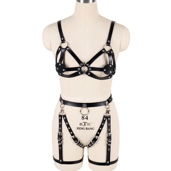 

Black Leather Body Harness Bra Set Hollow Out Sexy Tassel Plus Size Punk Rock Top Cage Lingerie Adjust Garter Belt Rave Festival