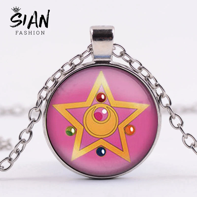 

SIAN Pop Anime Sailor Moon Pendant Necklace Cute Star Symbol Cartoon Printed Clear Glass Cabochon Necklace Choker 4 Color Choose