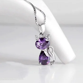 

925 Sterling Silver Fine Jewelry with Gift Platinum Cute Cat Crystal Pendant Necklace ( No Chain)