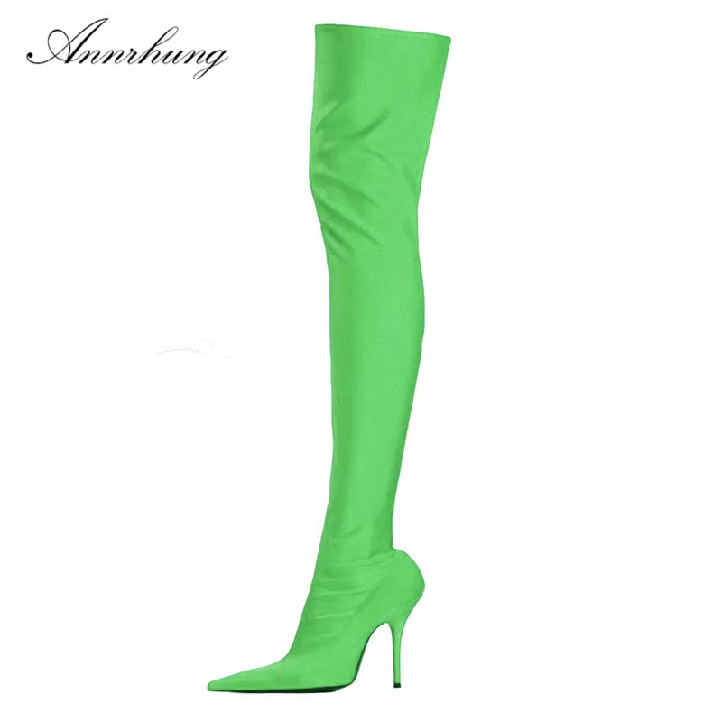 

Sexy Runway High Heel Botas Women Fashion Candy Color Pointed Toe Thin Heel Boots Stretch Satin Over The Knee Long Booties Women