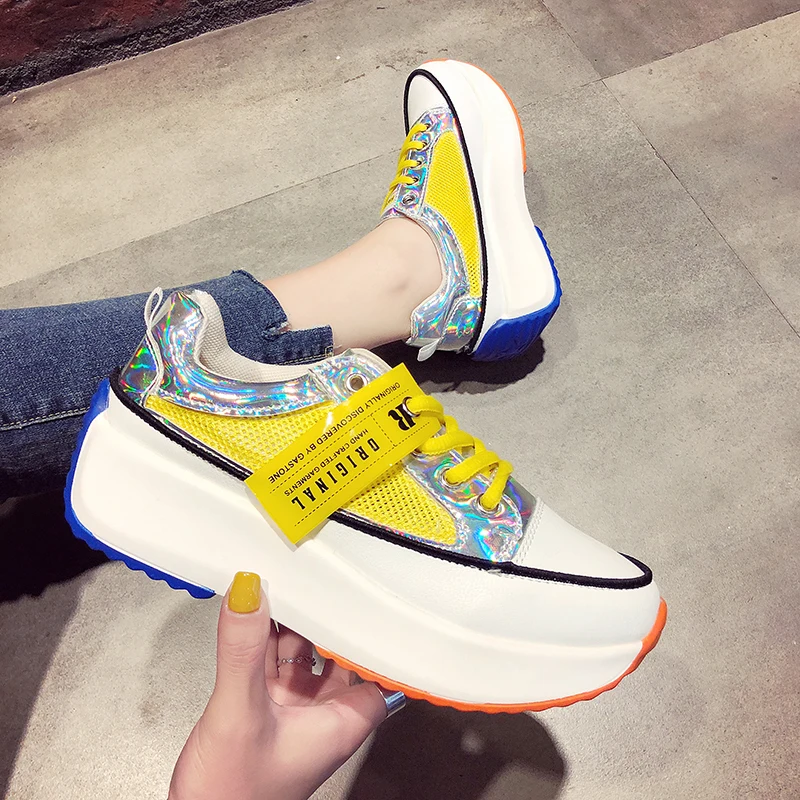 

Breathable Waterproof Wedges Platform Sneakers Fashion Shiny Bling Thick Sole Sneakers Summer Ladies Casual 6cm Platform Shoes