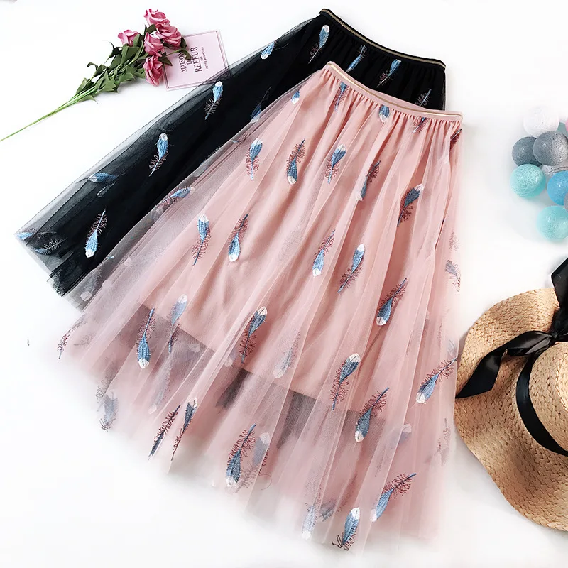 

Sweet Embroidered Feather Layered Tulle A-line Long Summer Skirts Fashion Leaves Planets Mesh Velvet Long Pleated Skirts
