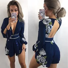 Combishort Long sleeve Rompers Summer Women Jumpsuit Floral Printing V neck backless Sexy Bodysuit macacao Femme Ete wz*