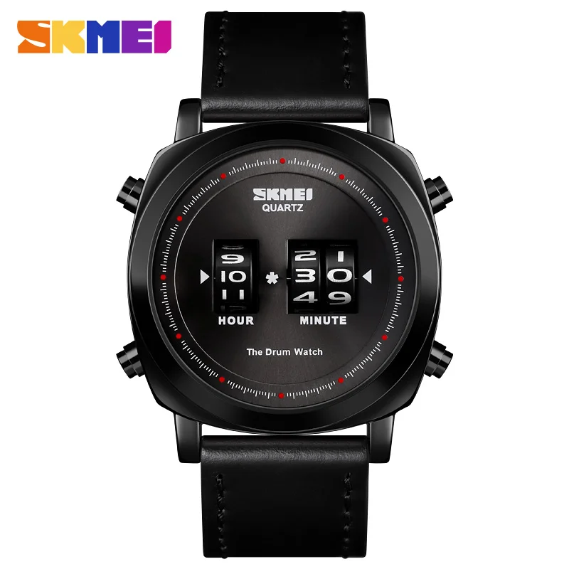 SKMEI Модные кварцевые часы мужские простые деловые креативные наручные часы 3 бар водонепроницаемый кожаный ремешок кварцевые часы Montre Homme - Цвет: Black-Black