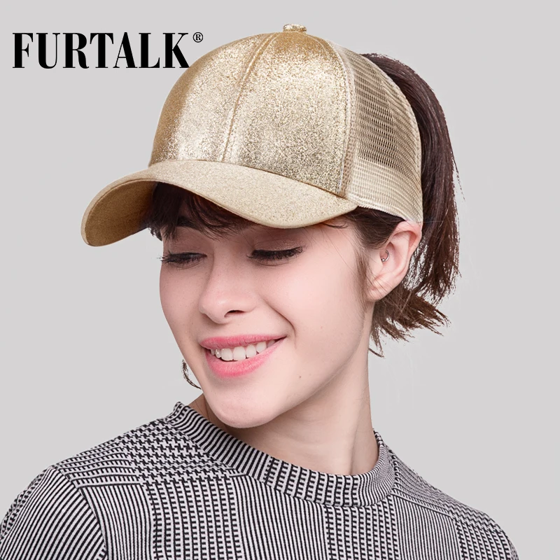 Günstig FURTALK Pferdeschwanz Baseball Kappe Frauen Messy Bun Baseball Kappe Glitter Hysterese Kappe Weibliche Hip Pop Hut Sommer Schwarz Weiß Hut