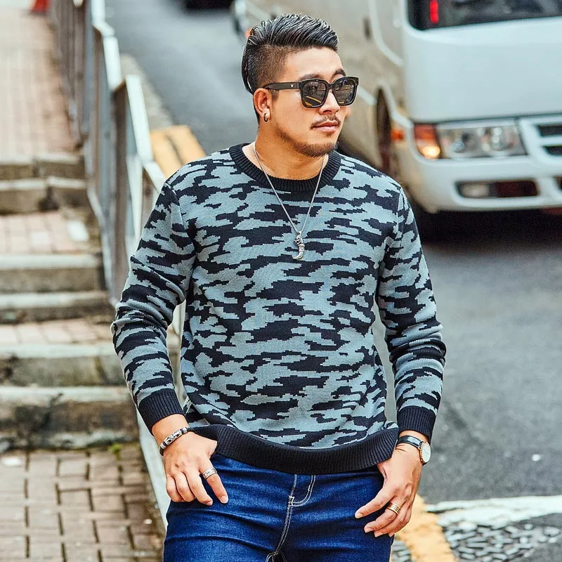 

2019 tide brand Large size XXL-6XL 7XL Men's Wool Sweater Autumn and Winter Models Fashion Loose Camouflage Sweater