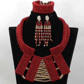 

Luxury Red Nigerian Wedding Coral Beads Statement Necklace Set Gold Crystal Chunky Bib Lady Jewellery Set Free Shipping CNR508