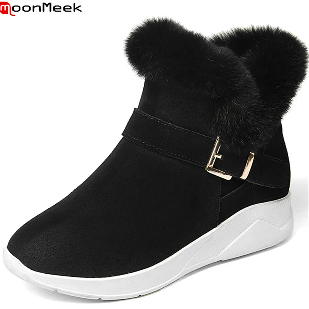 

MoonMeek black army green fashion new arrive women boots round toe zipper cow suede snow boots buckle leather ankle botos