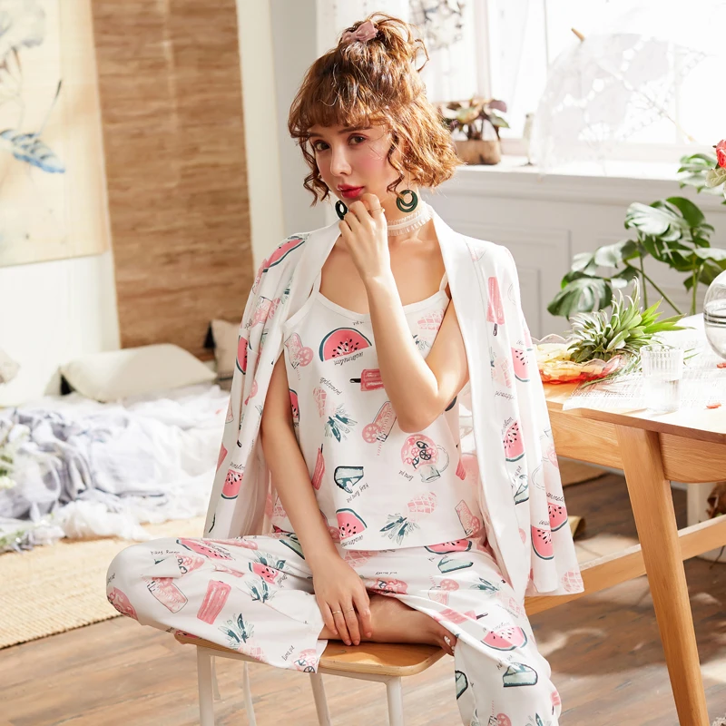 Осень-зима хлопок теплый Для женщин пижамы с длинным рукавом Повседневное кардиган удобные мягкие из 3 предметов комплекты пижамы Домашняя