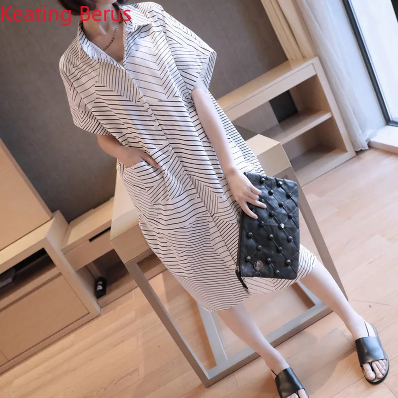 Summer Blouse Korean Fashion Long Striped Short-sleeved Loose Large Size Shirt Chiffon Shirt Women
