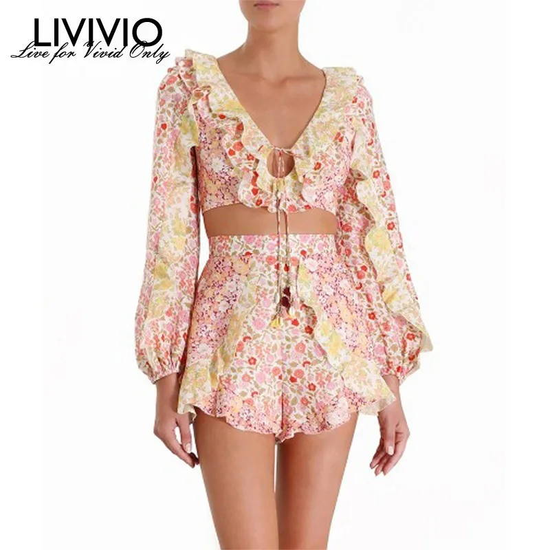 

[LIVIVIO] ZIM Floral Print Ruffle V Neck Crop Tops Two Piece Shorts Set Lantern Long Sleeve Bohemian 2019 Summer Women Clothes