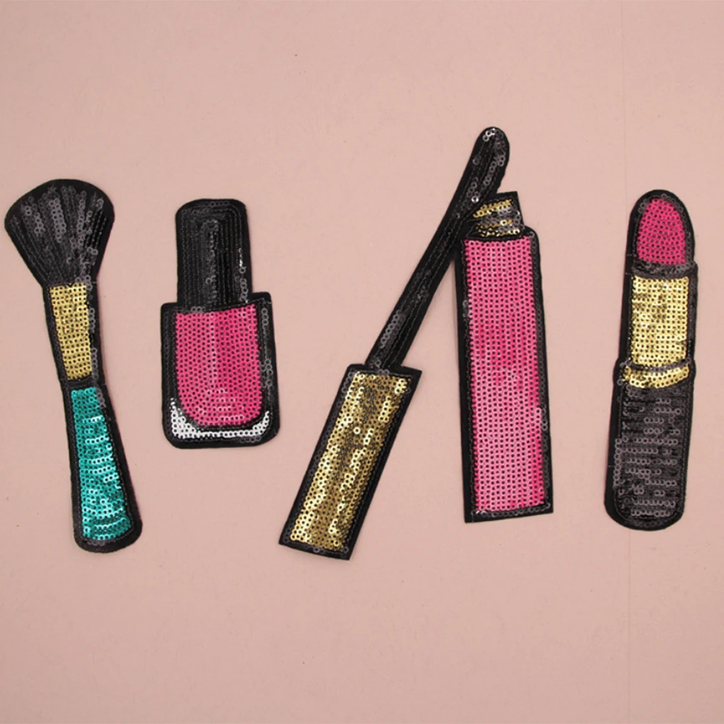 4 Pieces Fashion Lipstick Makeup Embroidered Sequin Iron on Appliques Patches for   Clothing jackets Jeans Backpacks