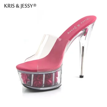 

34-44 Big Size 15cm High Heels Women Pumps Beautiful Transparent Slippers Flower Inside Platform Sandals Nightclue Shoes