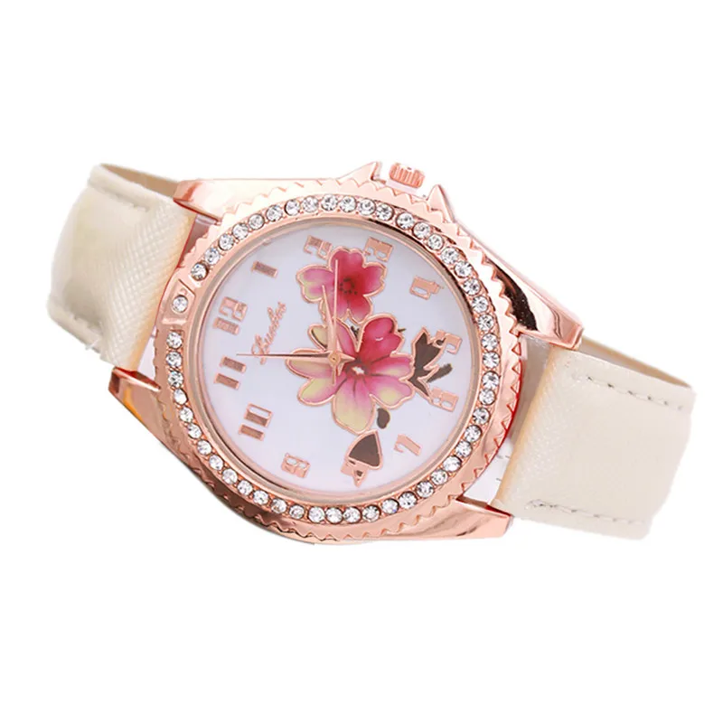 

Women Watch Fashion Flower Pattern Diamond PU Leather Analog Quartz Wrist Watch Ladies Clock Casual Women's Watches Relogio