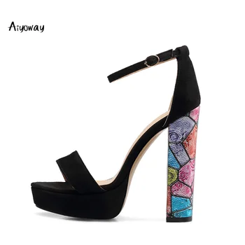

Women Shoes Spring Summer High Heels Sandals Floral Pattern Chunky Heel Platform Ankle Strap Wedding Party Shoes Aiyoway 2019