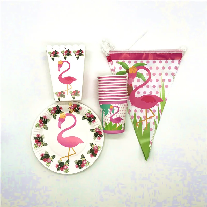 

High Quality Flamingo Theme 80Pcs Cute Cup Plate Baby Shower Boy Girl Favors Birthday Party Wedding Popcorn Box Banner Supply