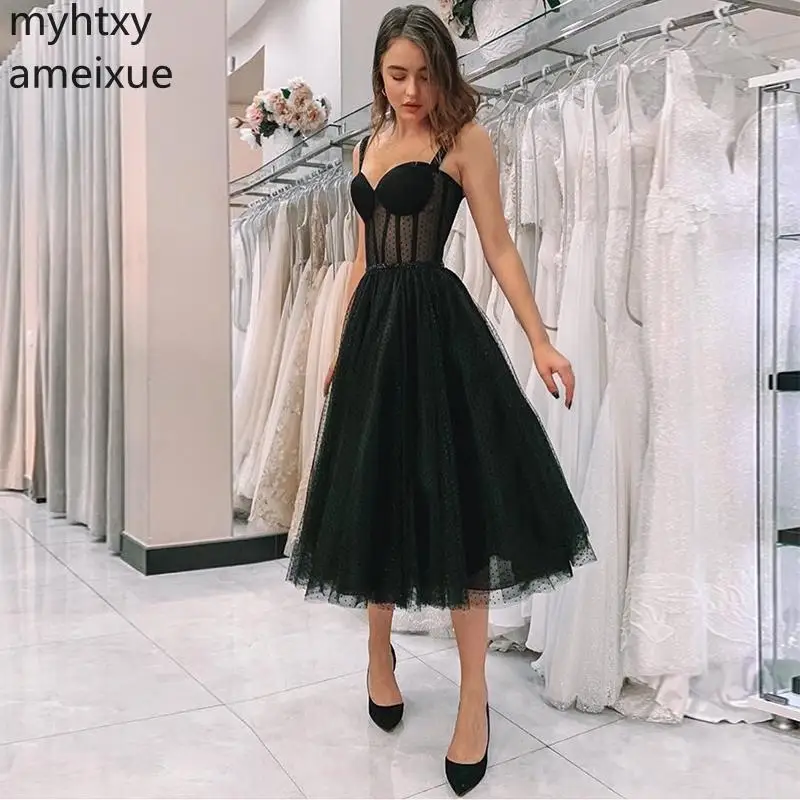 Новое черное платье для выпускного Спагетти ремень в горошек Тюль Коктейльное строгое короткие платья vestido de festa платье элегантное