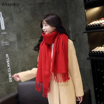 

Scarves Women Winter Knitting Soft Long Sweet Solid All-match Korean Style Elegant Ladies Wraps Womens Trendy Thicker Scarfs